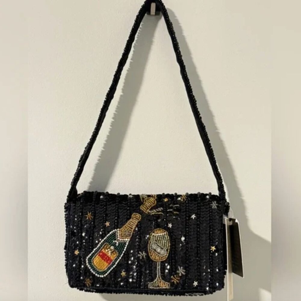 From India to You Champagne Cheers Beaded Shoulder Bag Black NWT New Years Eve